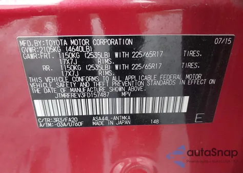 2015 Toyota Rav4 Xle from USA, damaged, VIN JTMRFREV3FD157487